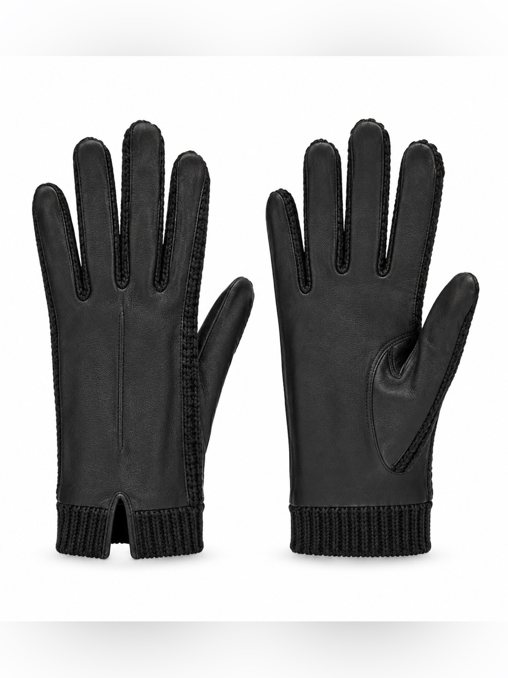 Woman's Black Leather And Knit Gloves